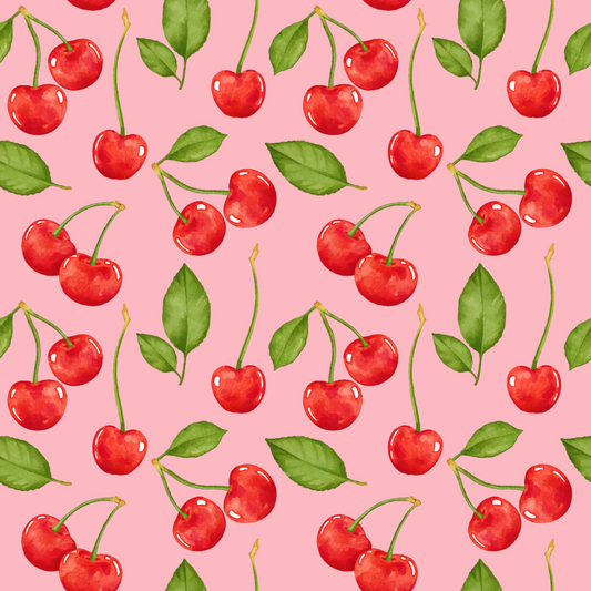 Pattern of red cherries with green leaves on a pink background