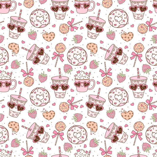 Pattern of pink drinks, donuts, and sweets on a white background