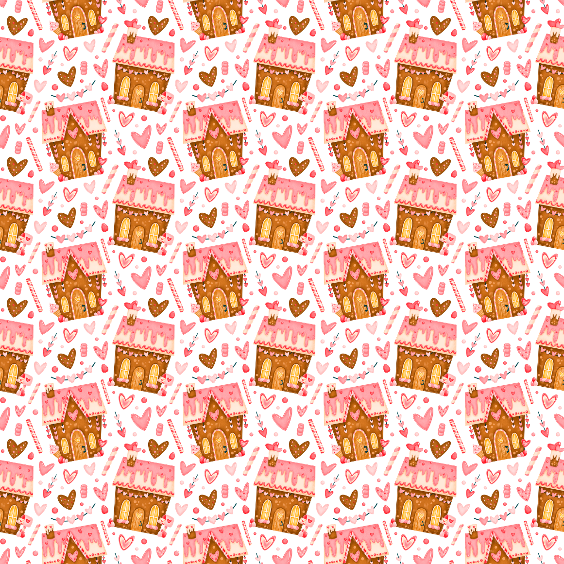 A pattern of gingerbread houses and hearts