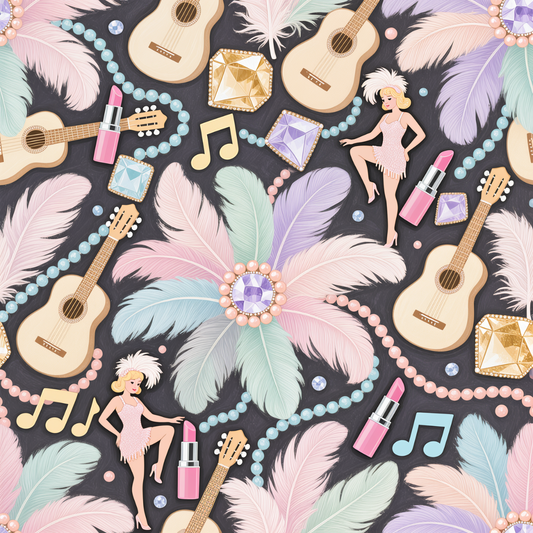 Pattern with guitars, feathers, diamonds, and dancers on a dark background