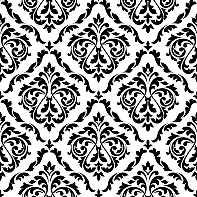 Black damask print on white background