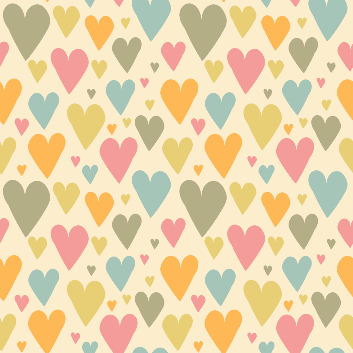 Pattern of colorful hearts on a beige background