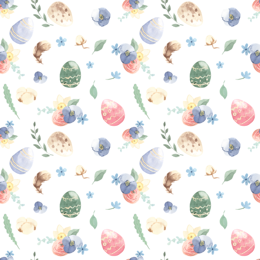 Pattern of Easter eggs and flowers on a white background
