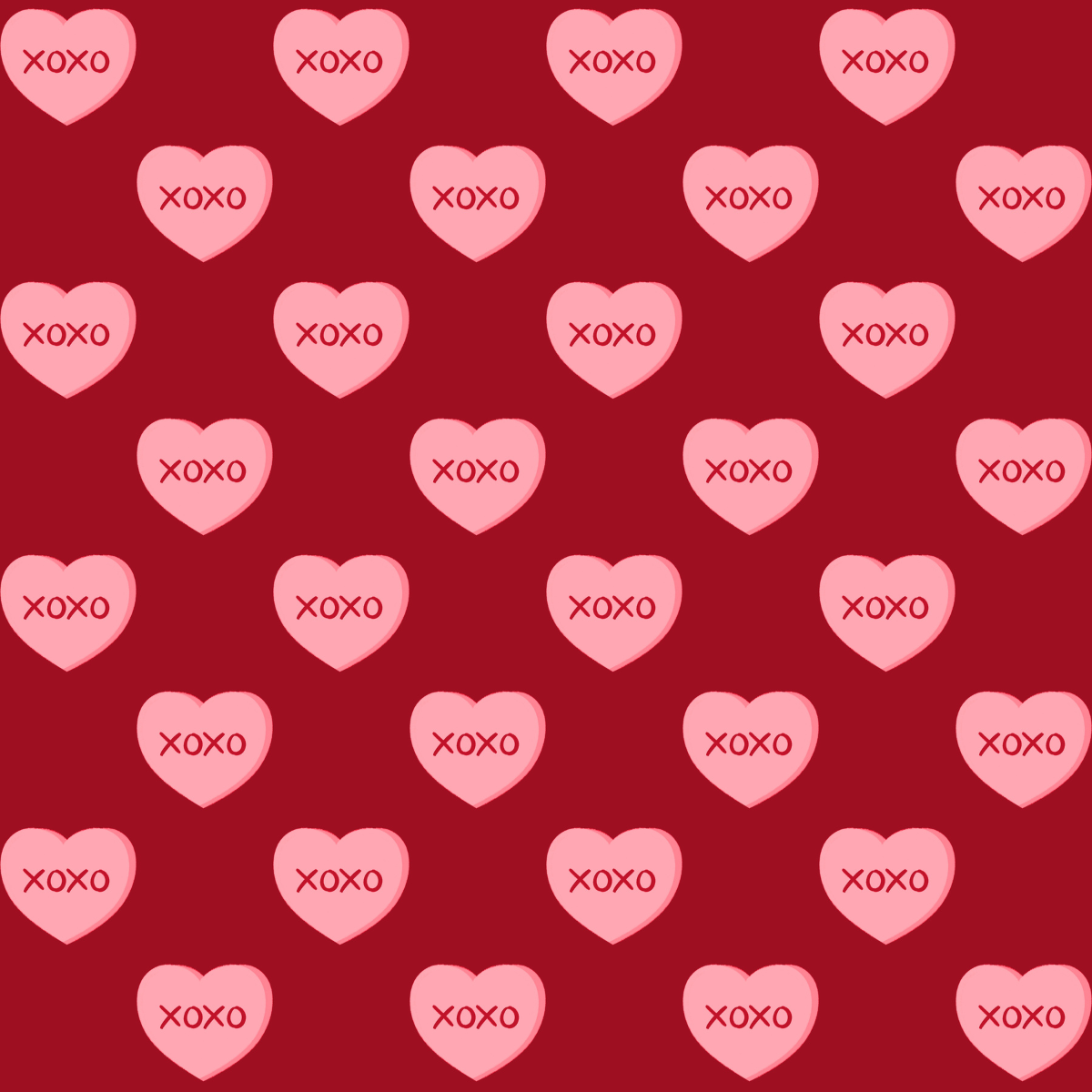 Pattern of pink hearts with 'XOXO' text on a red background
